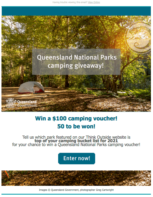 Queensland National Parks Camping Giveaway $100 voucher competition contest Nov 2020 email