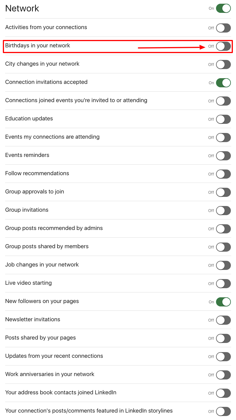 desactivar las notificaciones de cumpleaños Linkedin dejar de quitar