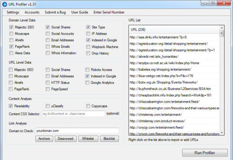 url profiler dashboard settings seo tool