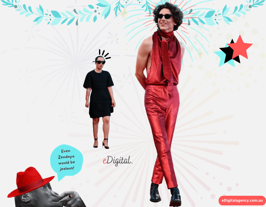 Timothee Chalamet actor Festival de Venecia 2022 Haider Ackermann diseñador de moda masculino vestido rojo sin espalda mono gafas de sol Ray Ban pañuelo mocasines negros Zendaya chimpance funny meme