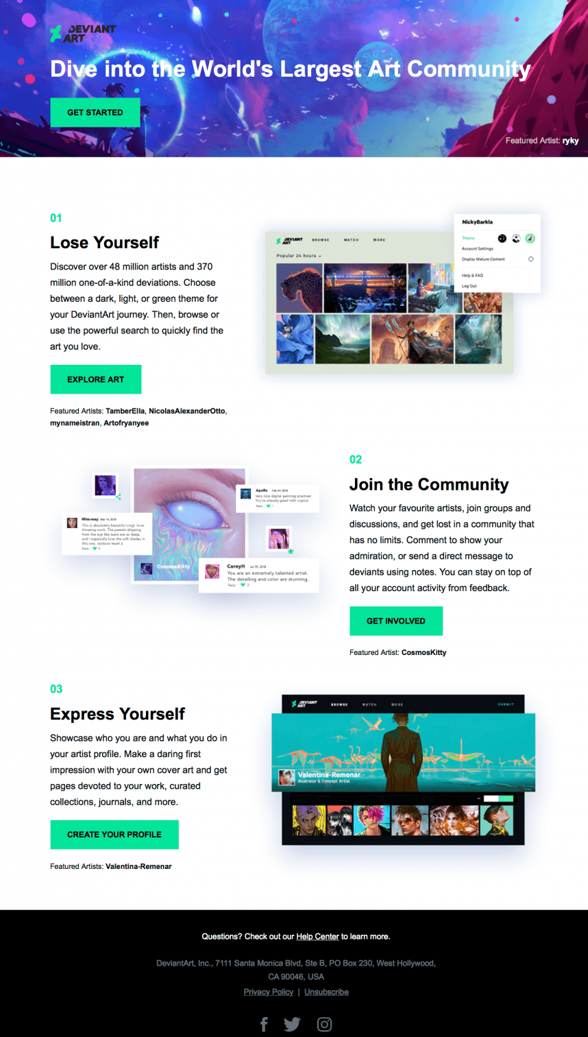 deviant art website welcome enewsletter explainer