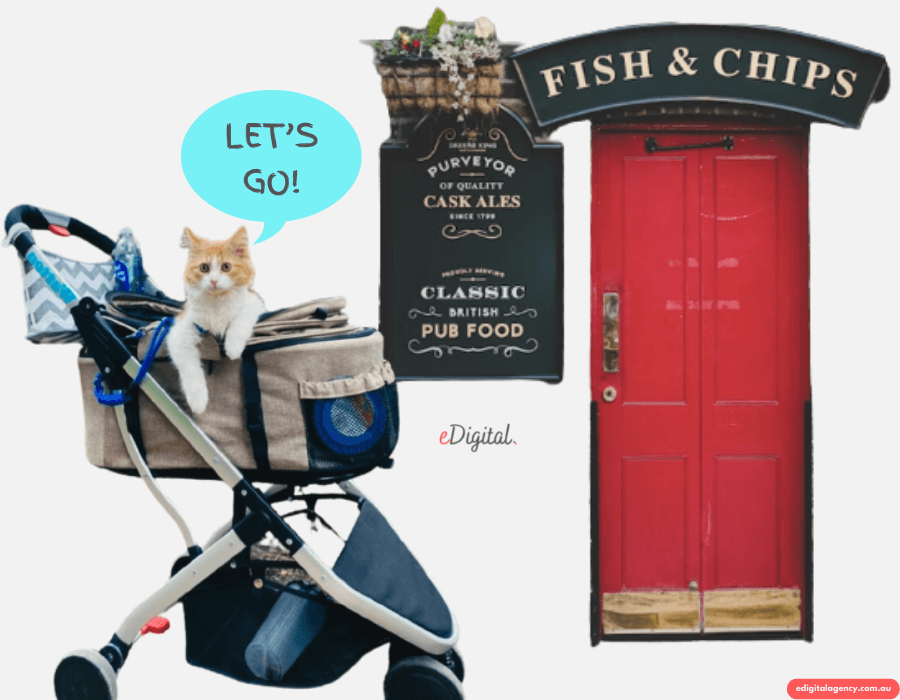 let's go cat cochecito fish and chips pub inglés puerta principal