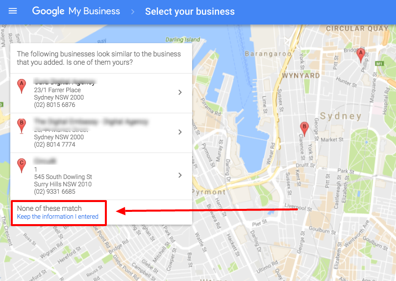 ninguna de estas coincidencias mantiene la información introducida google my business maps añadir ubicaciones paso 6